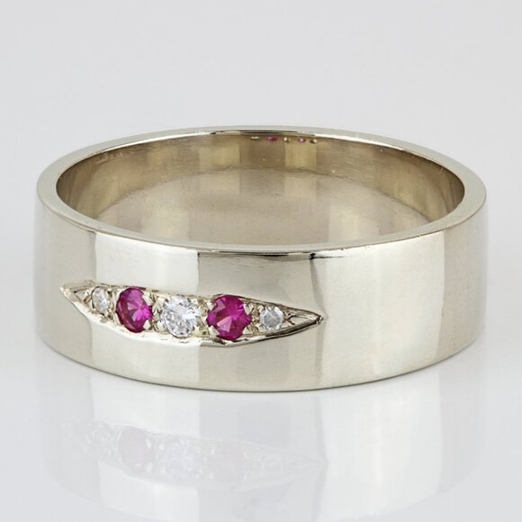 Vintage Men's 10k White Gold Diamond & Ruby Anniversary Band Wedding Ring - Picture 2 of 6